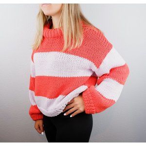 Tibi Orange & Lilac Striped oversized Bubble Collar Chunky Kit Sweater, med